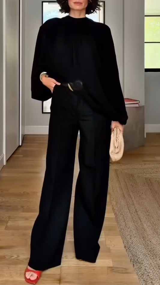 Black Oversized Blouse & Wide Leg Pants Set
