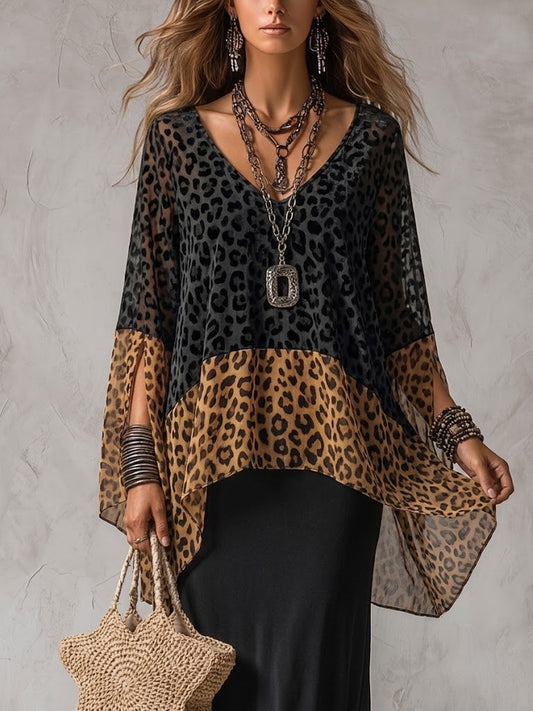 Loose And Comfortable Chiffon Top With Leopard Print Paneling