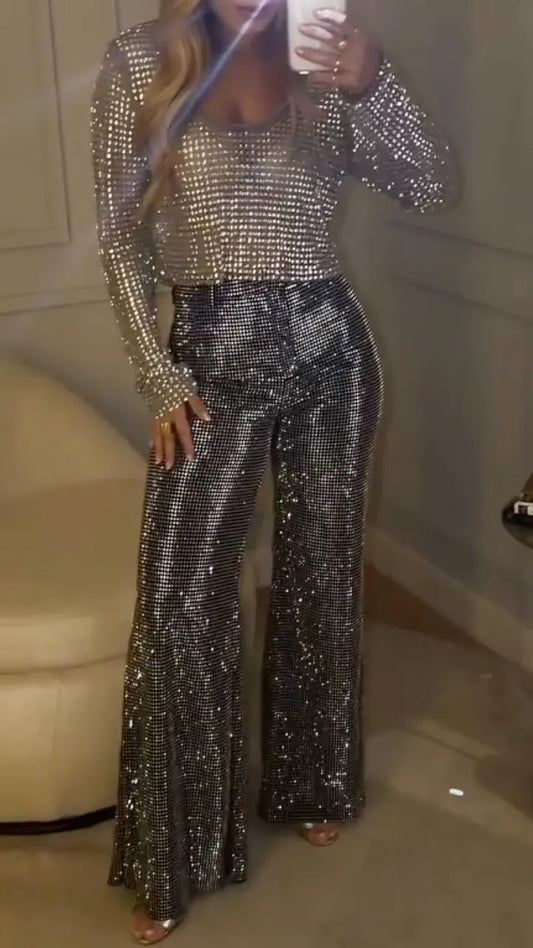 Silver Rhinestone Long Sleeve Top & High Waist Flare Pants Two Piece Set