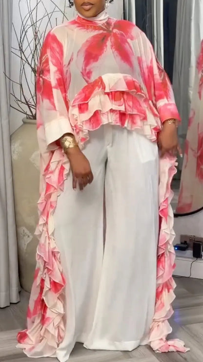 Ruffled Chiffon Printed Cape Top