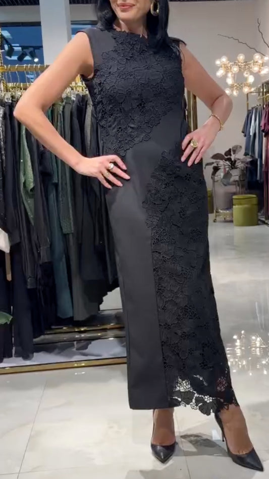 Black Sleeveless Lace Midi Dress
