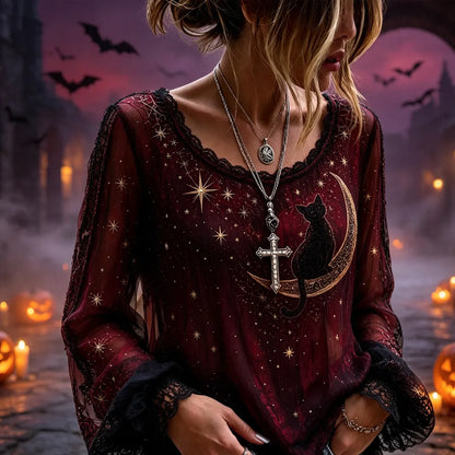 Women's Wine Red Sheer Mesh Long Sleeve V-neck Blouse With Moon And Cat Print
