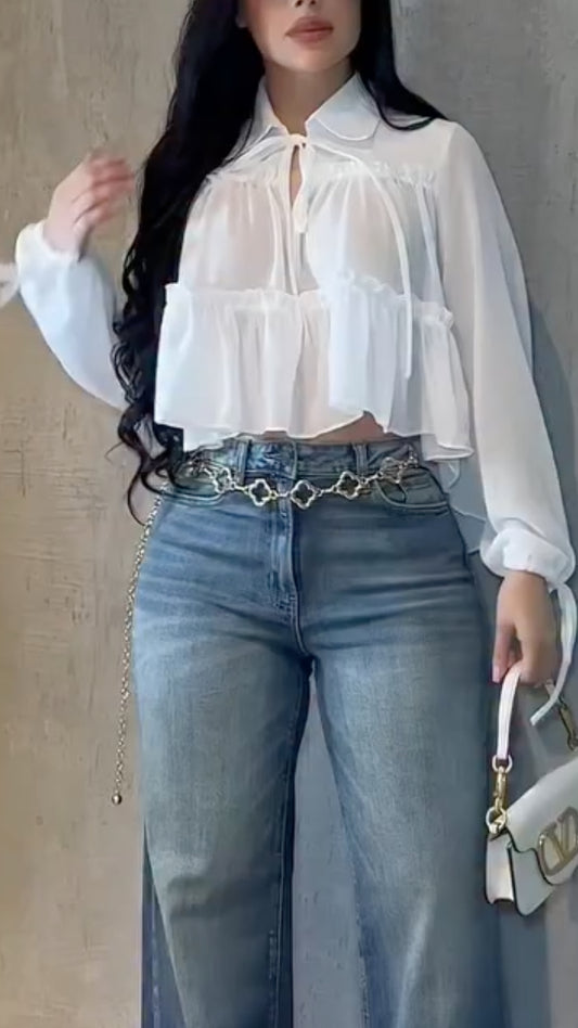 Women's Lapel Top with Chiffon Splicing