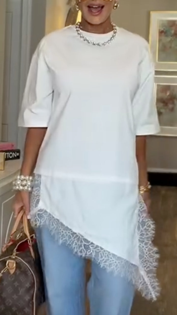 Lace Patchwork Asymmetrical Hem Half Sleeve T-Shirt