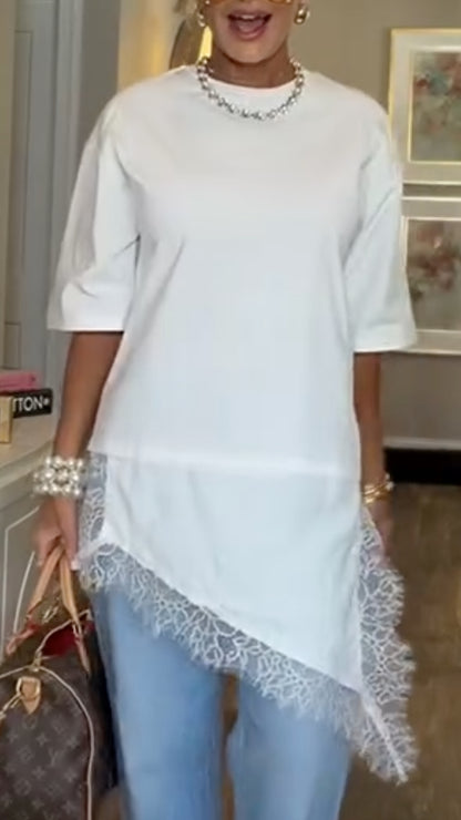 Lace Patchwork Asymmetrical Hem Half Sleeve T-Shirt