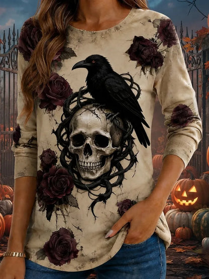 Women's Vintage Style Long Sleeve Tee With Skull, Crow, And Rose Print