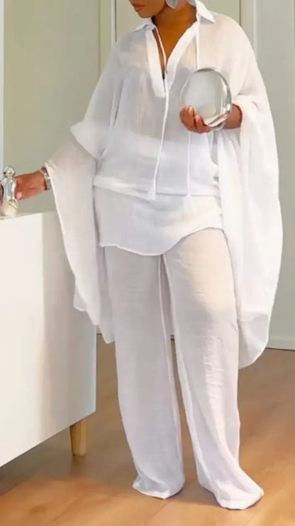 Sheer Oversized Tunic & Wide Leg Pants Co‑Ord Set