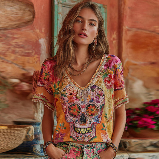 Women's Classic Mexican Sugar Skeleton Catrina Day Of The Dead Inspired Painting Embroidered Casual Linen  V Neck T-shirt