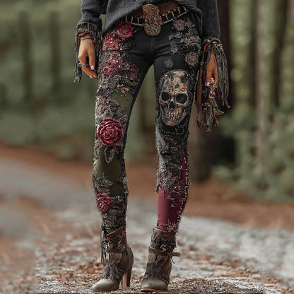 Rose Skull Gothic Patchwork Rock Leggings
