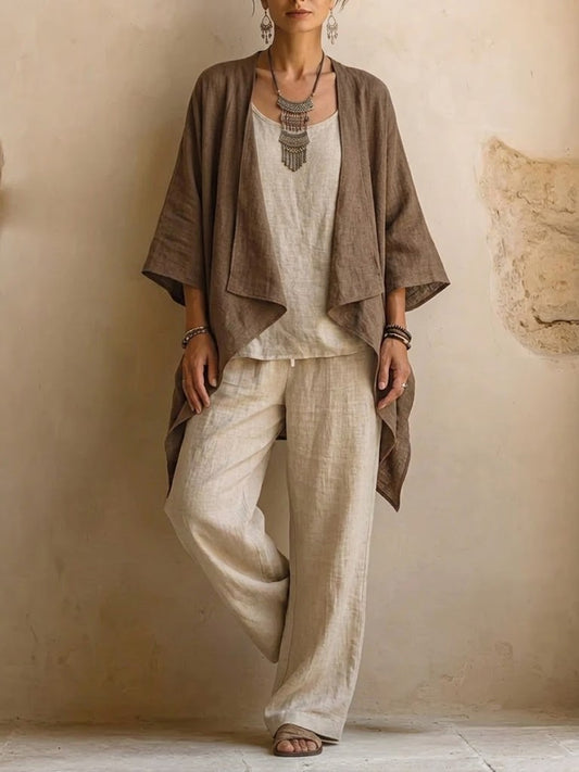 A Three-piece Set Featuring A Casual Cotton-linen Blend Cardigan, Trousers, And A Tank Top.