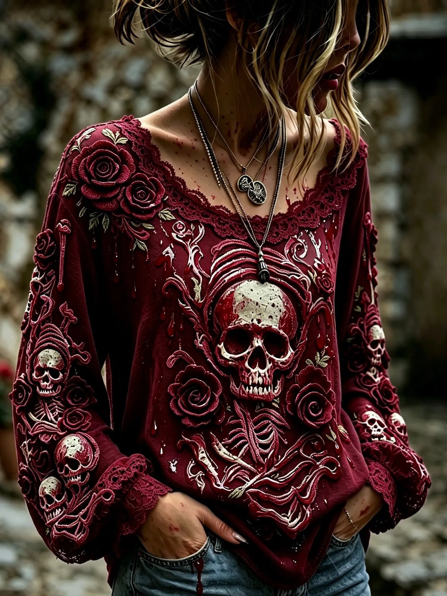 Women's Retro Halloween Style Skull And Rose Print Top