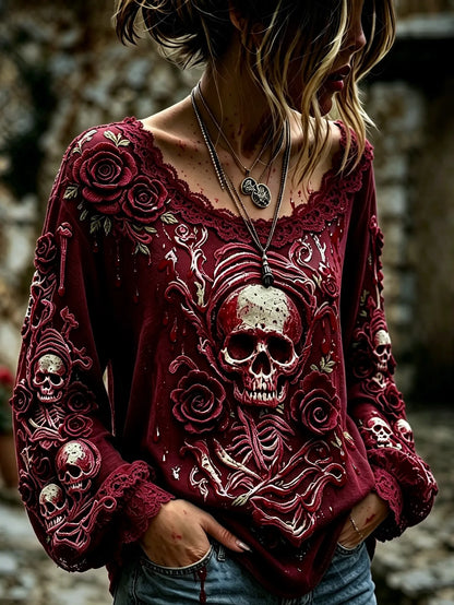 Women's Retro Halloween Style Skull And Rose Print Top