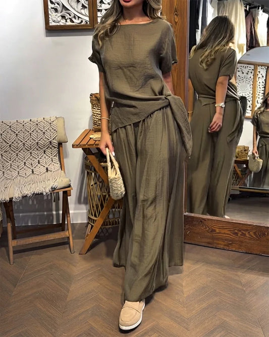 Olive Green Linen Tie Side Two Piece Lounge Set