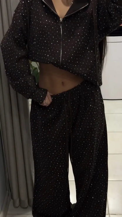 Rhinestone Hooded Zip Up Sweatshirt & Wide Leg Pants Set
