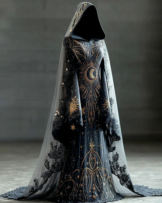 Halloween Themed Star And Moon Embroidered lace Hooded dress 41af
