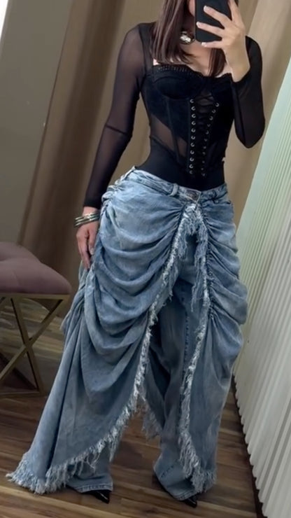 Light Wash Ruched Fringe Wide Leg Denim Pants