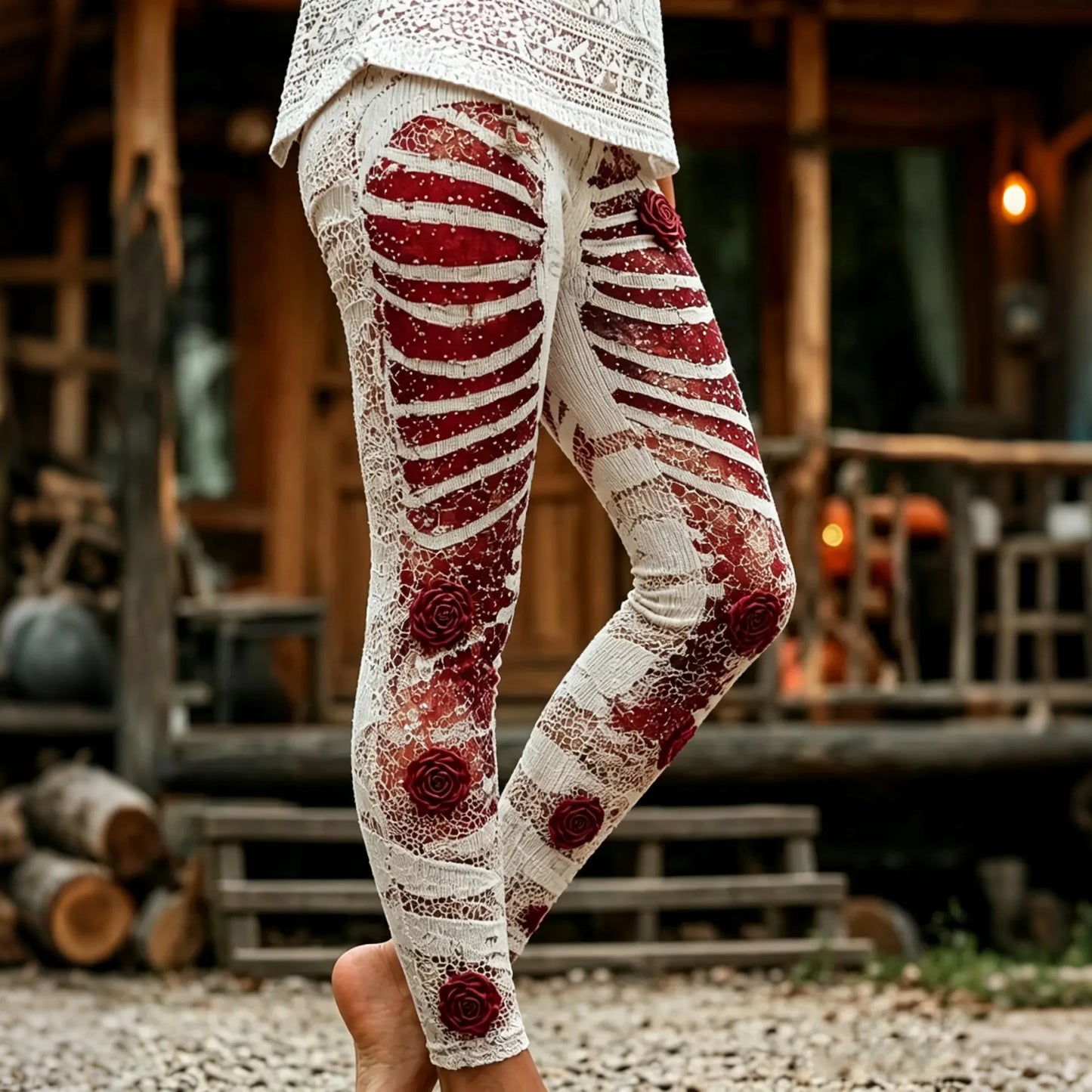 Women's Retro Halloween Rose Skull Print Leggings
