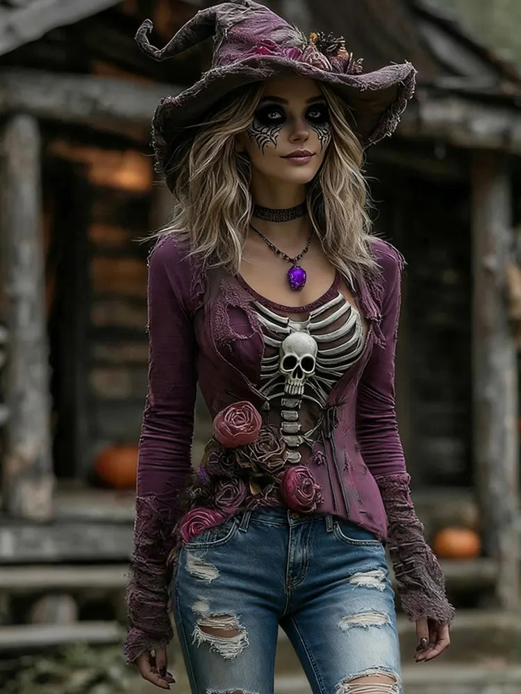 Women's Halloween Rose Skull Witch Cosplay V-neck T-shirt