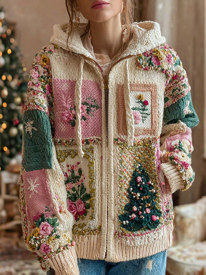Women's Christmas Tree And Rose Pattern Knitted Zip-up Hooded Sweater