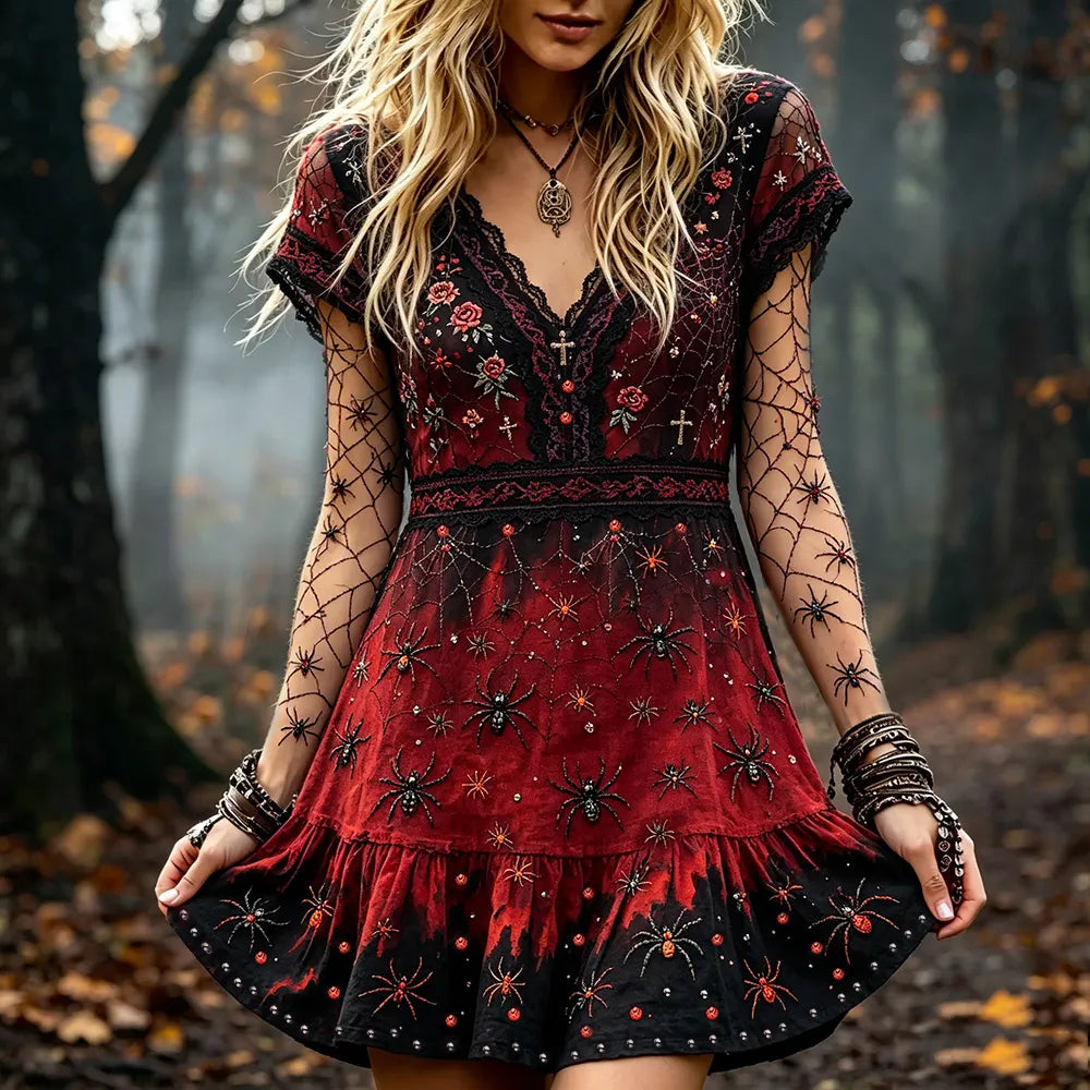 Women's Vintage Halloween Spider And Rose Rhinestone V-neck Short Sleeve Playful Dress