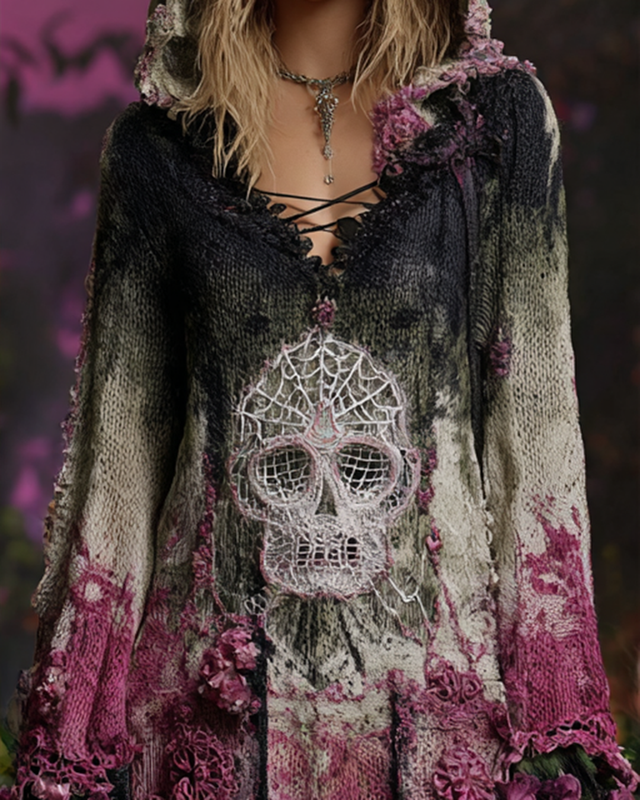 Halloween themed gradient irregular skull floral crochet knitted hooded dress 1dec