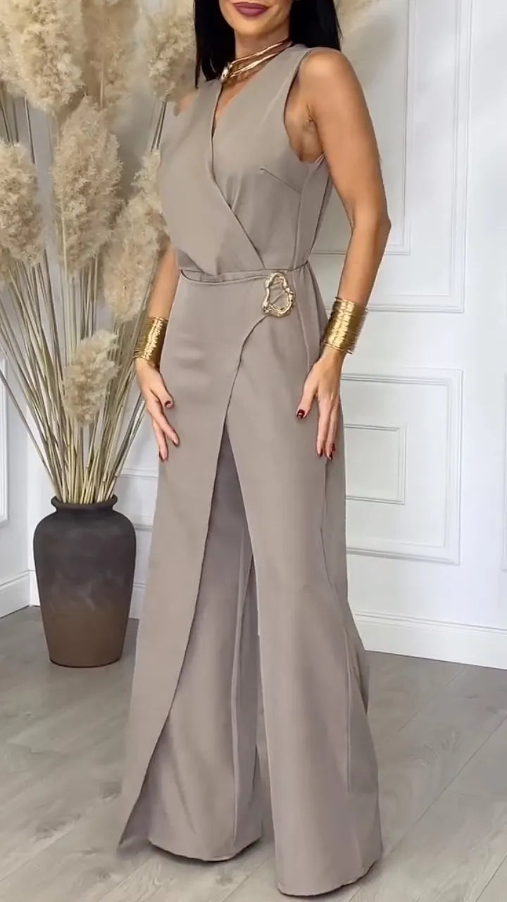 Women's Khaki Overlap V-Neck Sleeveless Jumpsuit