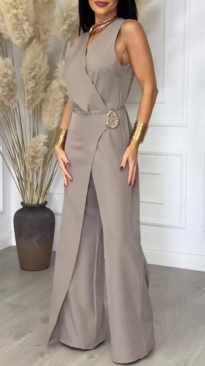 Women's Khaki Overlap V-Neck Sleeveless Jumpsuit