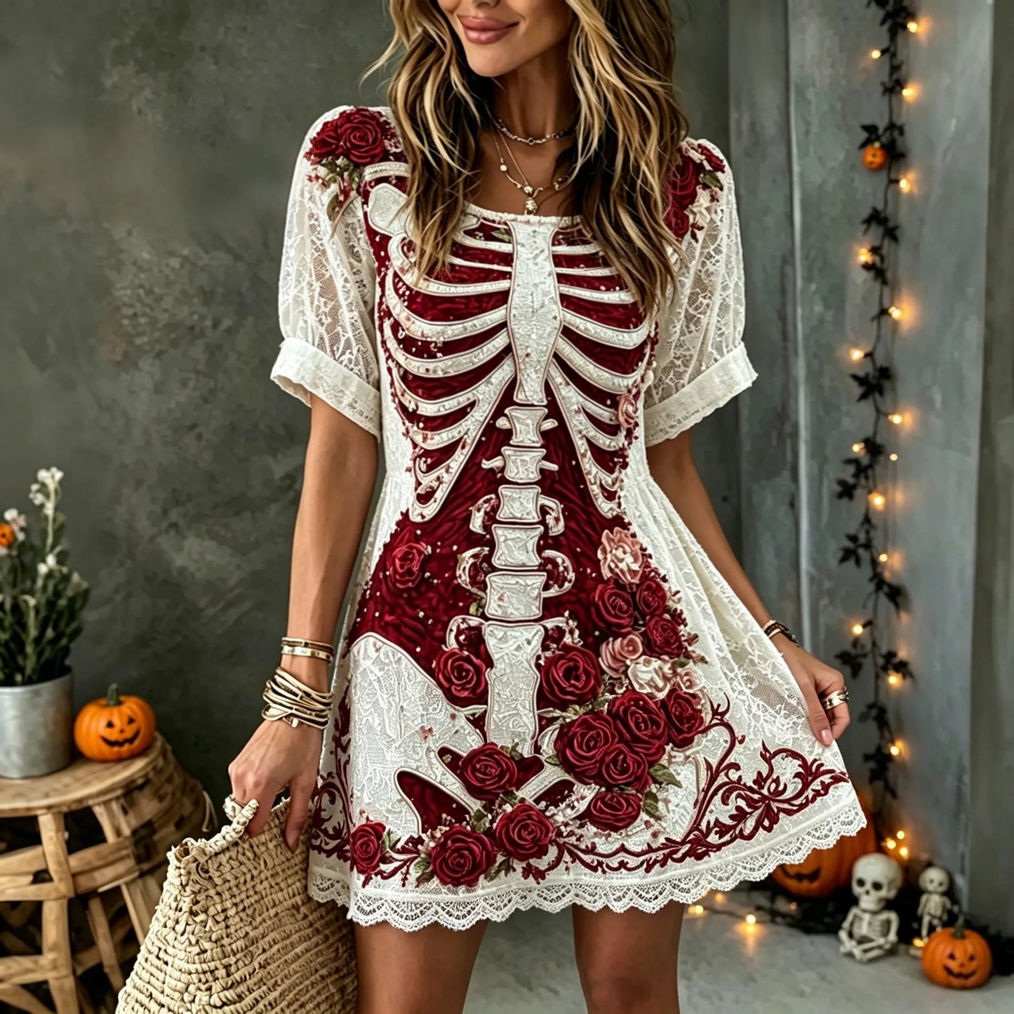 Women's Vintage Halloween Rose And Bloody Art Crew Neck Short Sleeve Mini Dress