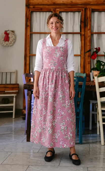 Pink floral square-neck apron with pockets