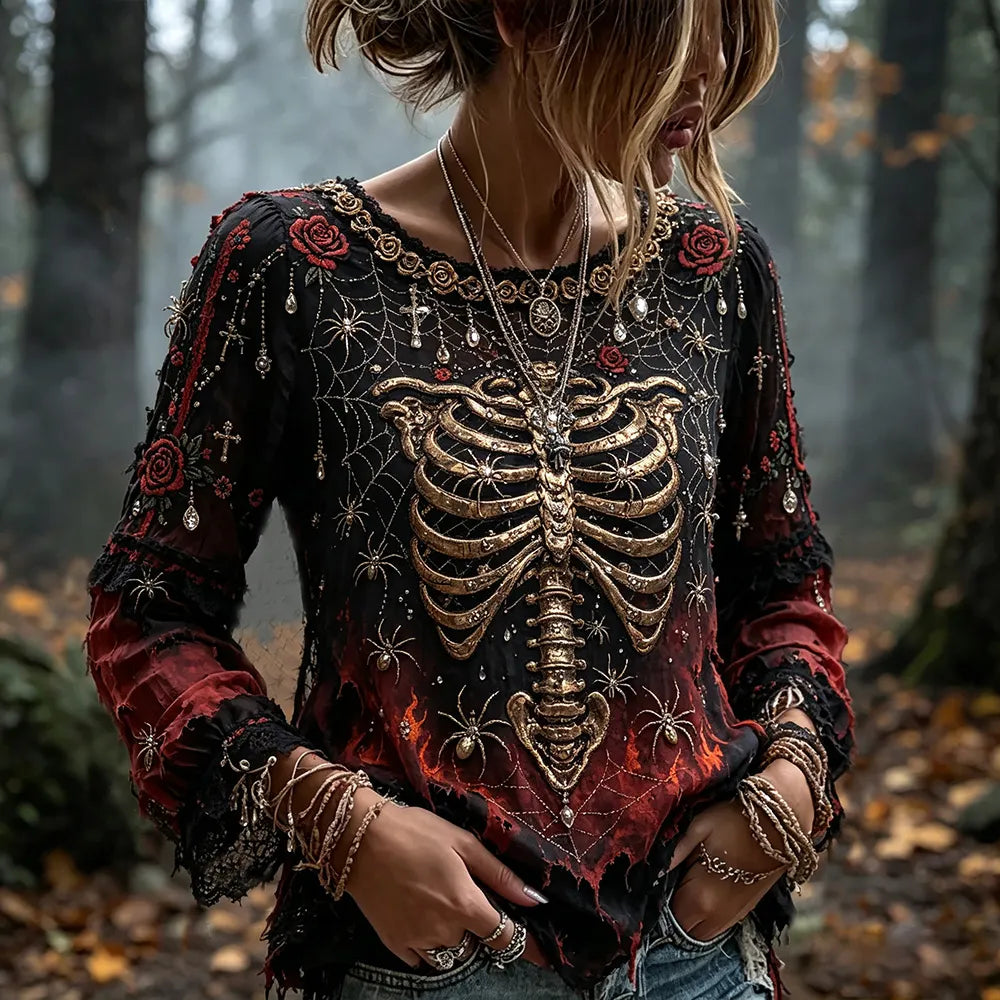 Women's Halloween Skull And Spider Art Distressed Gradient Crewneck Long Sleeve Top