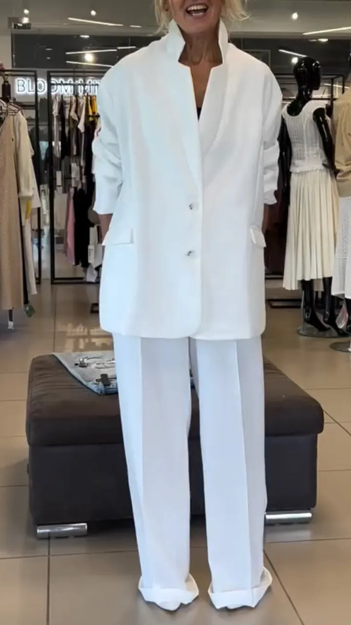 Oversized White Blazer Wide Leg Trousers Suit Set