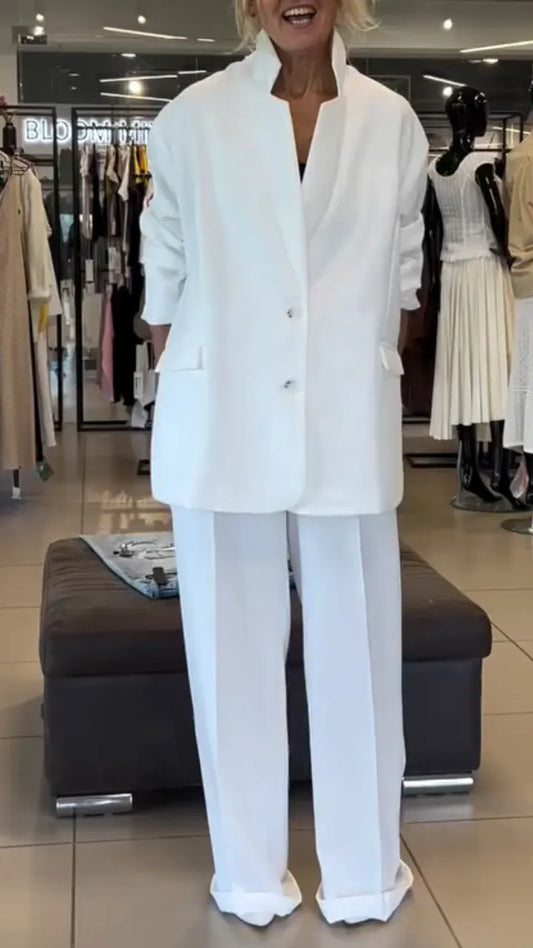 Oversized White Blazer Wide Leg Trousers Suit Set