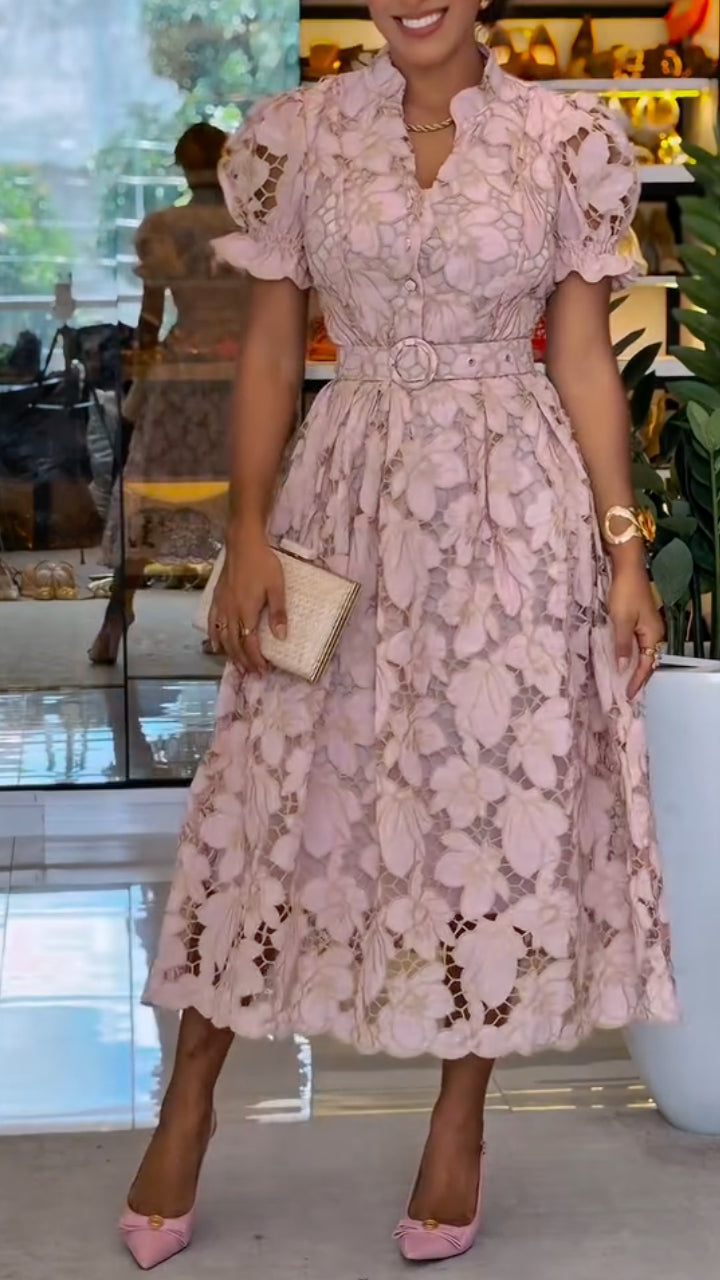 lush Pink 3D Floral Lace Belted Midi Dress