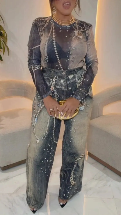 Mesh Top & Printed Denim Pants Outfit