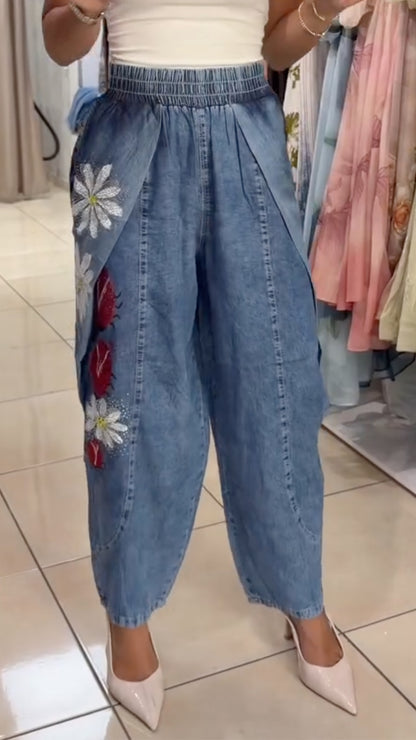 Floral Print Rhinestones Light Denim Harem Pants