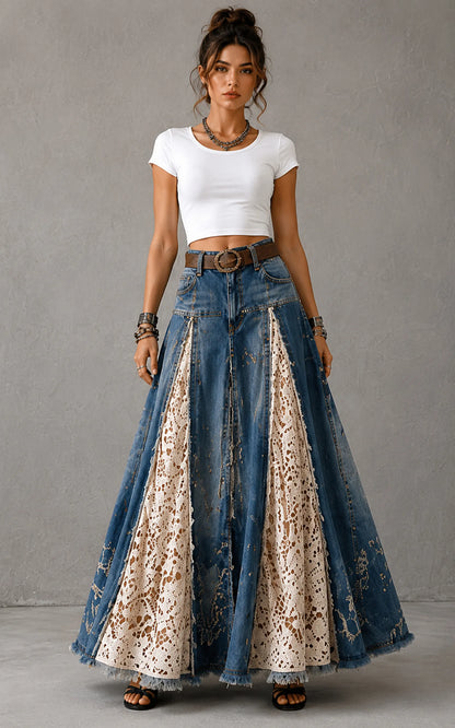 Vintage Denim Crochet Lace Panel Maxi Skirt
