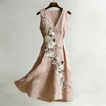 Women's Vintage Rose And Plum Blossom Pattern Casual Linen Blend Dress