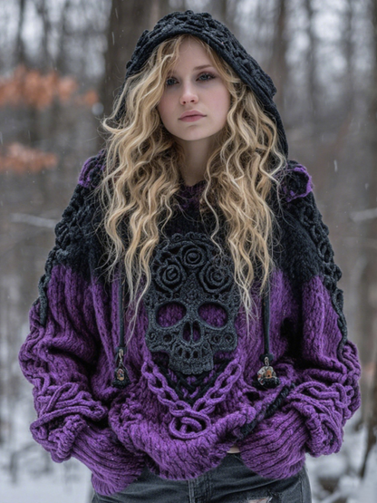 Women's Vintage Viking Tribal Celtic Skull Gradient Art Chunky Knit Hooded Sweater