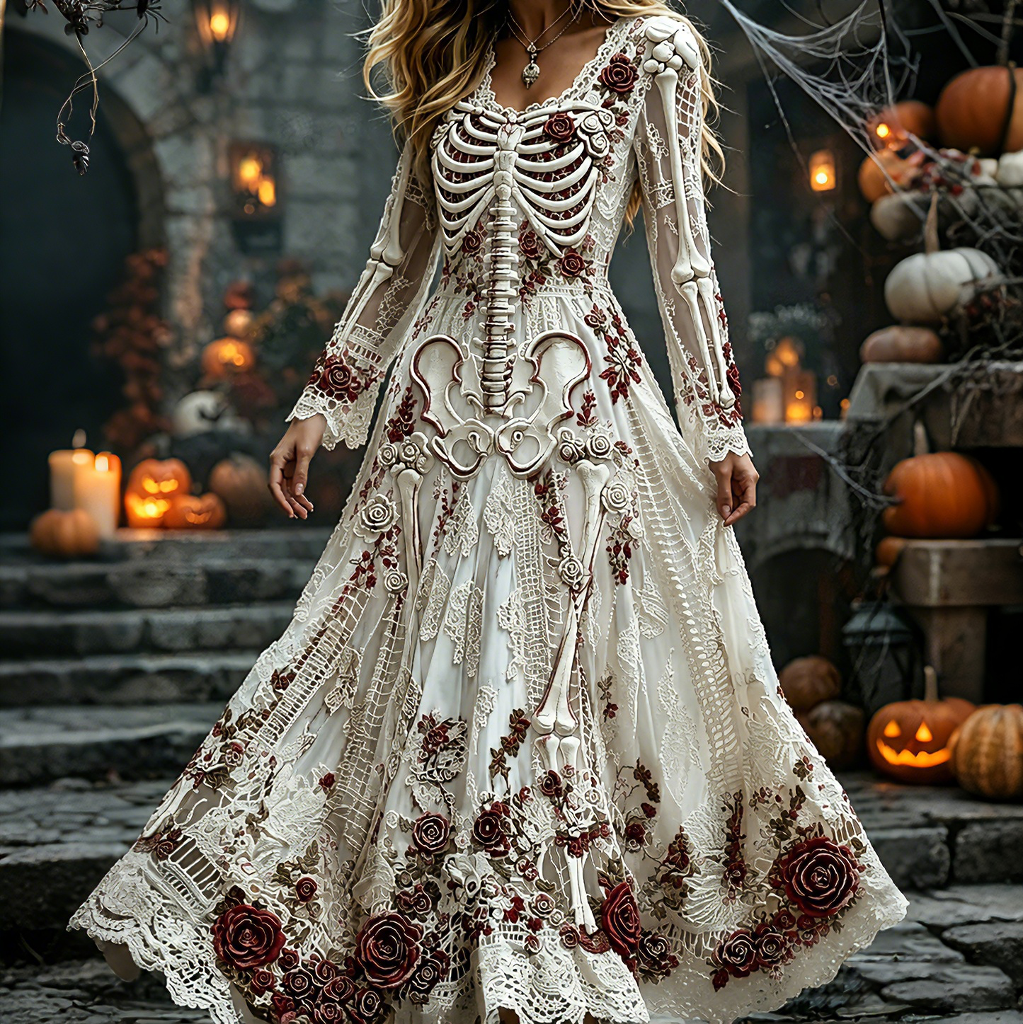Women's Retro Rose Floral Human Skeletal Art Pattern Casual Linen Maxi Dress