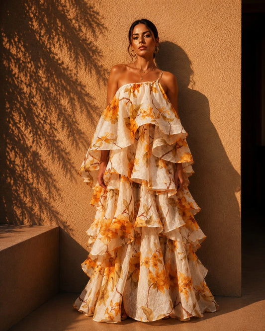 Yellow Floral Print One Shoulder Ruffle Hem Maxi Dress