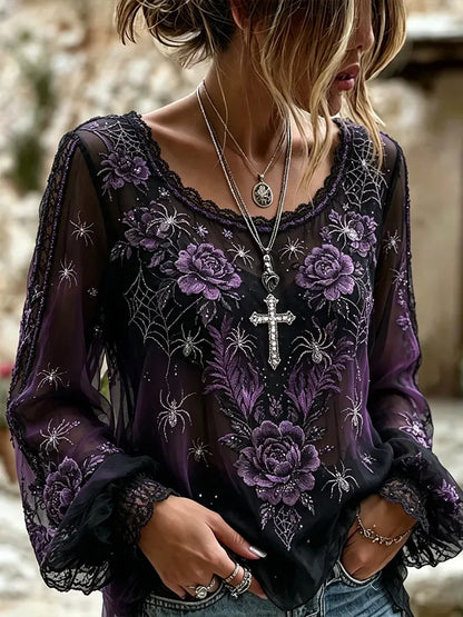Women's Halloween Spider And Floral Art Lightweight Crewneck Long Sleeve Top