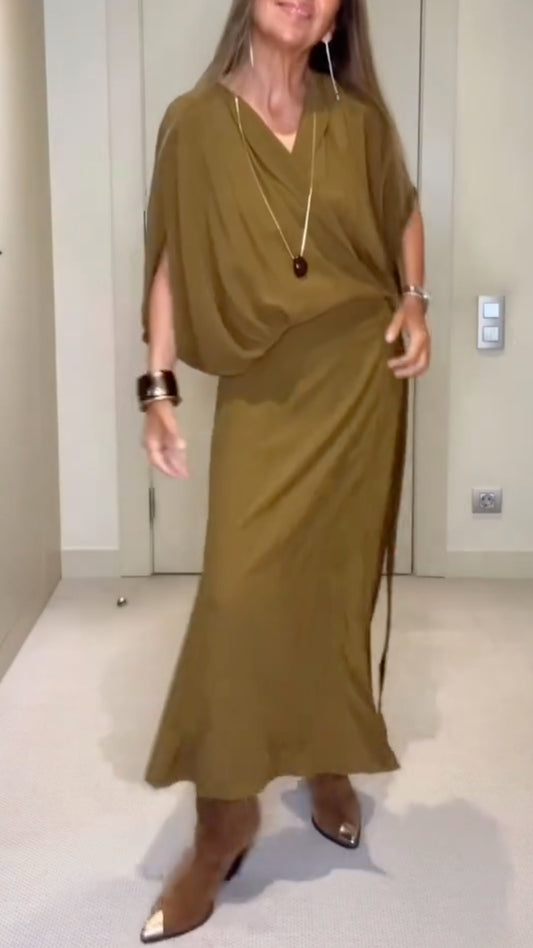 Batwing Sleeve Draped Wrap Midi Dress