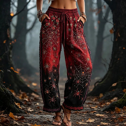 Women's Vintage Halloween Spider And Rose Art Gradient Casual Sweatpants