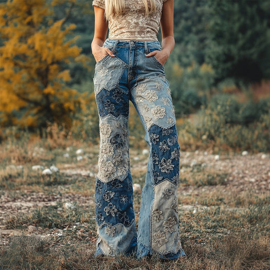Boho Floral Lace Embroidered Patchwork Bootcut Jeans