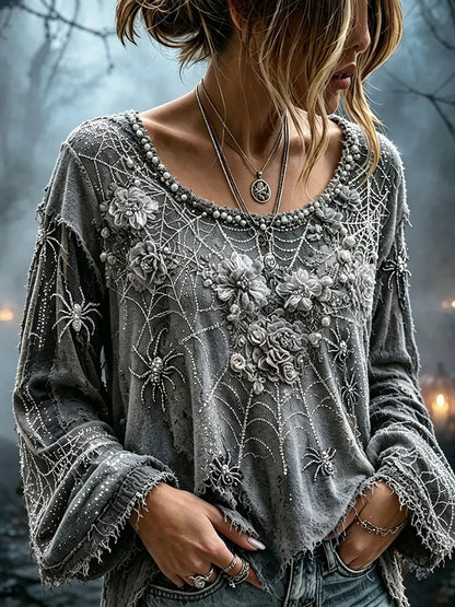 Women's Vintage Hallowen Flowers Spider Web Art Witch Top