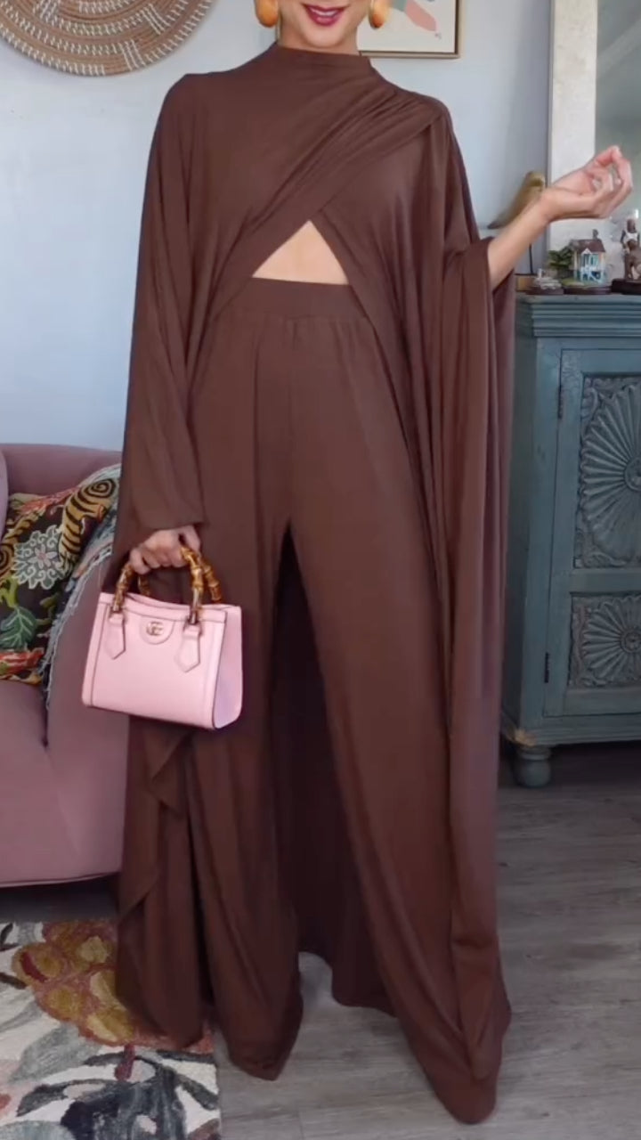 Brown High Neck Cape Sleeve Cutout Wide Leg Set