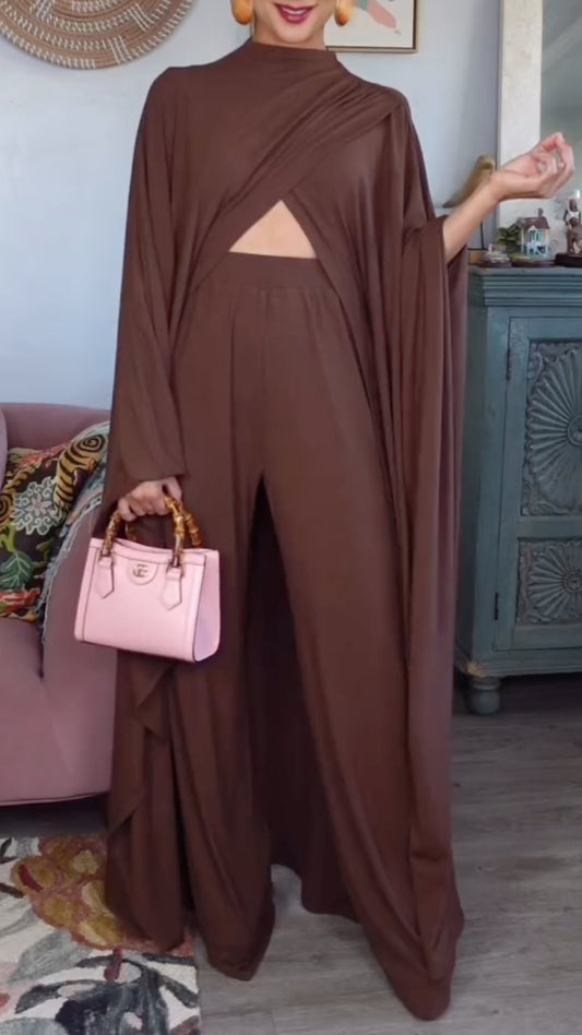 Brown High Neck Cape Sleeve Cutout Wide Leg Set