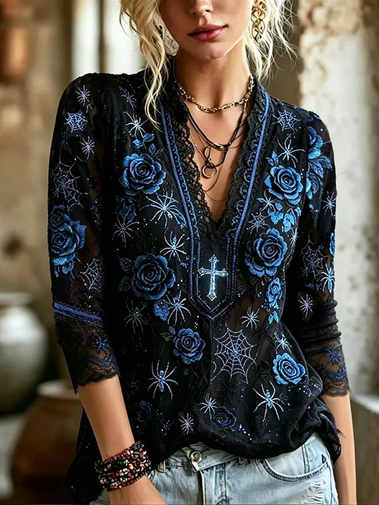 Women's Vintage Halloween Spider And Floral Art Color-block Distressed V-neck Top