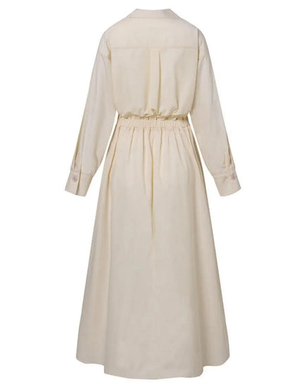 Elegant Pocket Button Lapel Collar Fold Solid Midi Dress