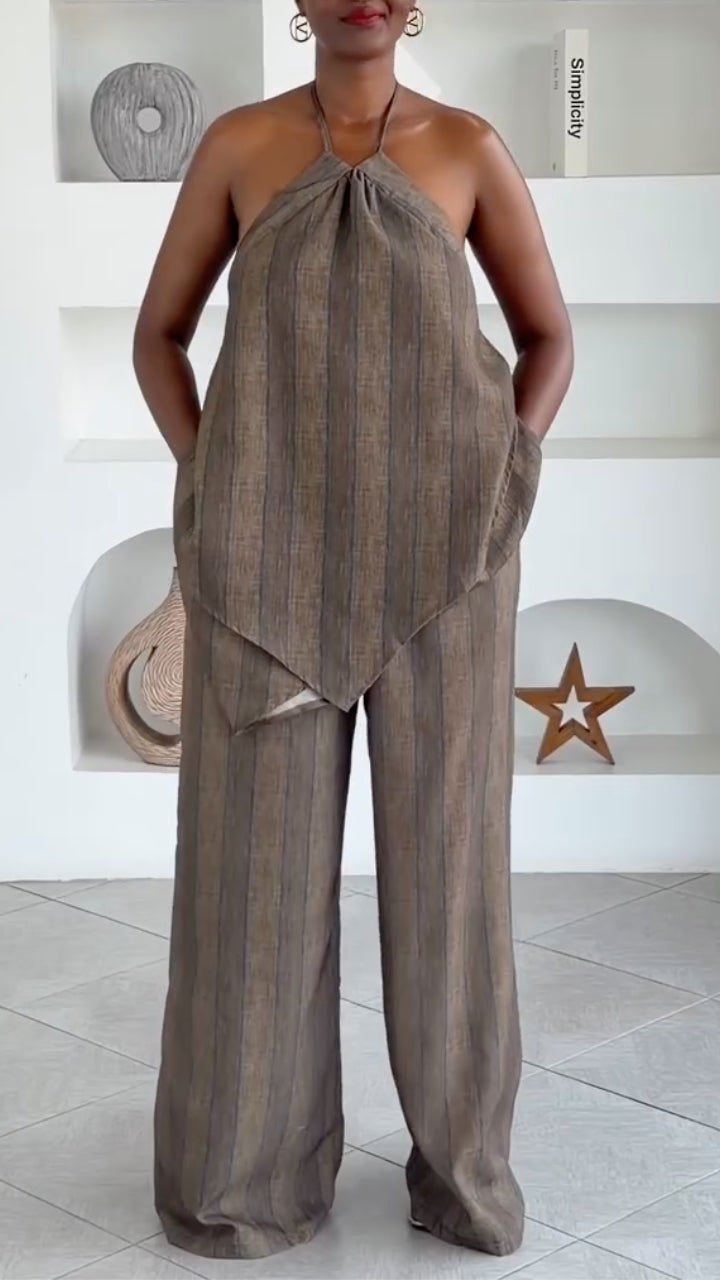Brown Striped Halter Linen Co-Ord Set